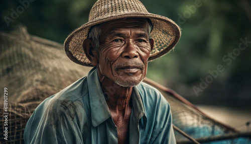 Smiling senior man in straw hat fishing generated by AI