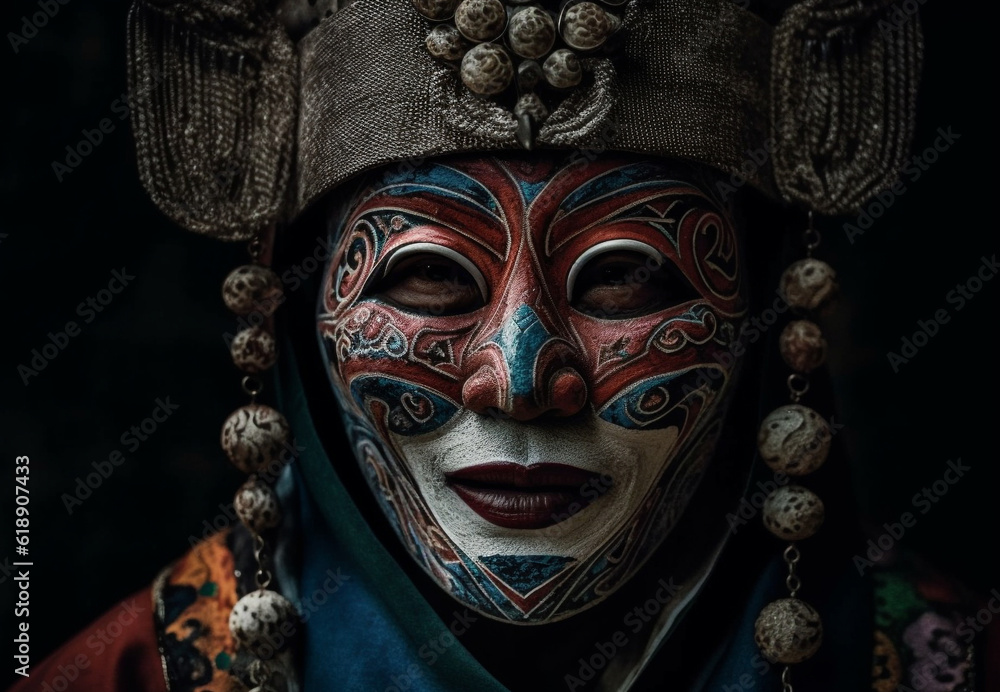 Indigenous mask disguise spirituality, ornate jewelry decoration generated by AI