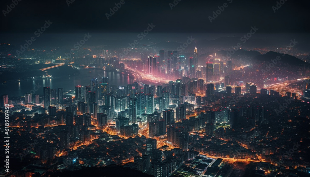 Modern city skyline glows with colorful lights generated by AI