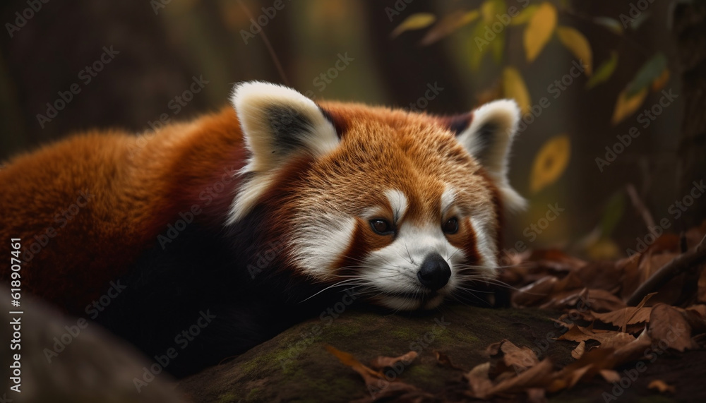 Obraz premium Fluffy red panda sitting in winter grass generated by AI
