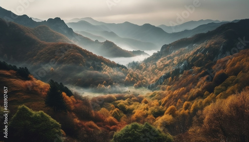 Majestic mountain range, tranquil foggy forest scene generated by AI