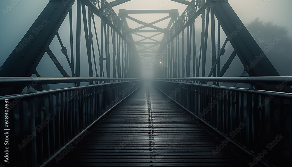 Futuristic steel bridge reflects tranquil water at dusk generated by AI Futuristic steel bridge reflects tranquil water at dusk generated by AI