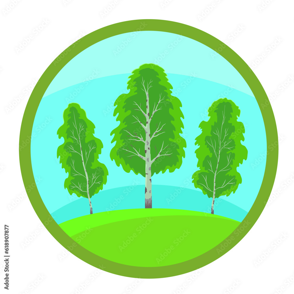 Three birches with green foliage in summer against a background of blue sky and green grass in a circle on a white isolated square background. Landscapes. Badges and logos. Vector illustration. Three birches with green foliage in summer against a background of blue sky and green grass in a circle on a white isolated square background. Landscapes. Badges and logos. Vector illustration.
