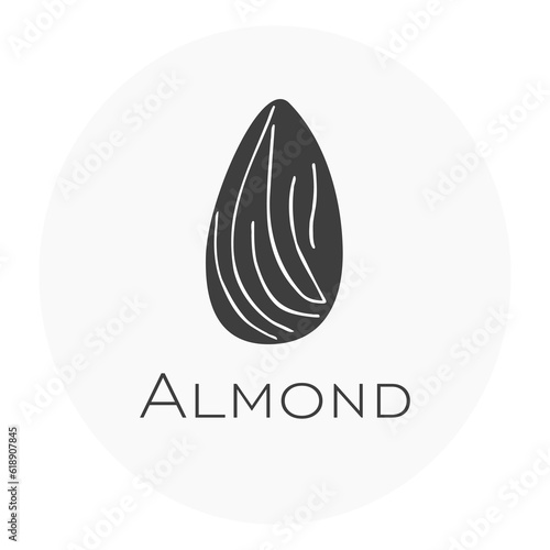 Almond minimalist logo design in soft gray colors. Whole nut icon in a circle isolated in white background. Usable for business logos, healthy snack, vegan milk and superfood packaging. Flat vector