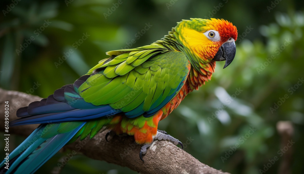 Obraz premium Vibrant macaw perched on branch in rainforest generated by AI
