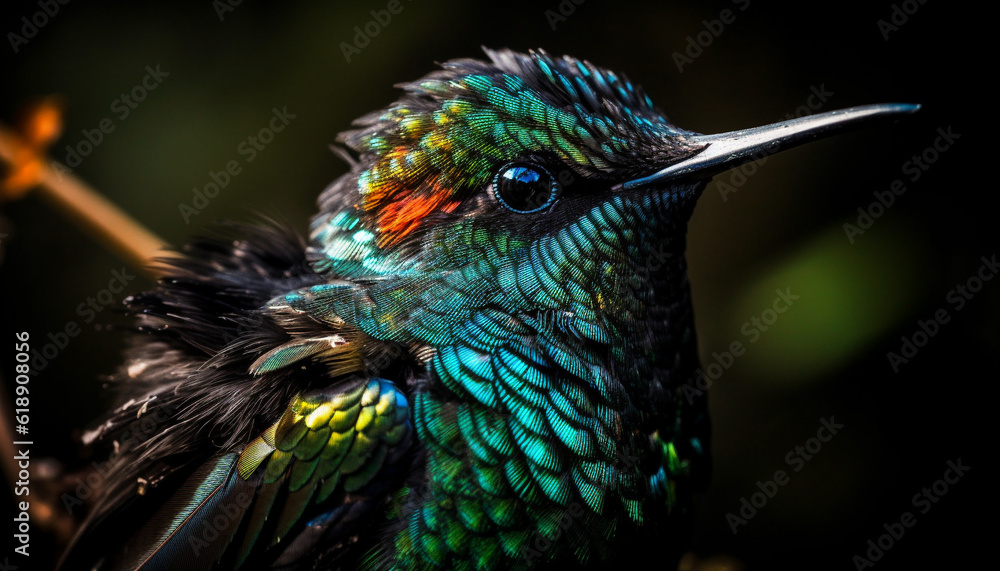 Obraz premium Iridescent hummingbird perching on green branch outdoors generated by AI