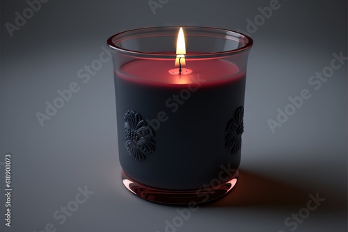 a lit candle sitting on top of a table next to a gray background with a red light in the middle of the candle and a black candle holder with a red light in the middle.