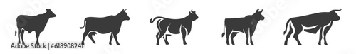 Bull and Cow set. Premium logo. Stylized silhouettes of bull and cow standing in different poses. Isolated on white background. Bull logo design set. Horned bull cow vector icon.