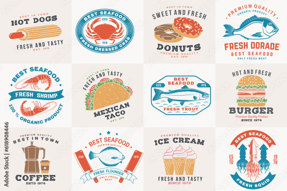 Set of seafood and fast food retro badge. Vector. For seafood emblem, sign, patch, shirt, menu restaurants with tuna, trout, shrimp, octopus crab mussels and clams, hotdog, burger, pizza