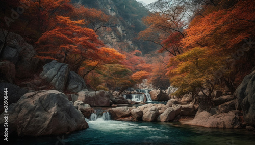 Tranquil autumn forest, vibrant leaves, flowing water generated by AI
