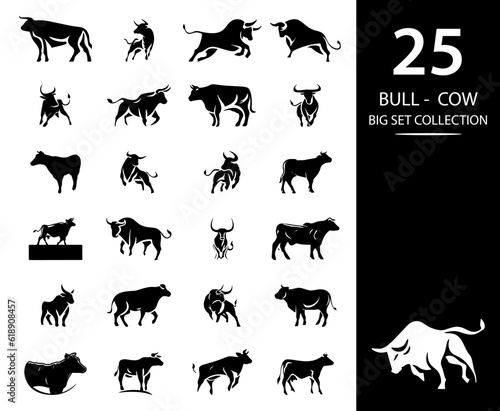 Bull and Cow set. Premium logo. Stylized silhouettes of bull and cow standing in different poses. Isolated on white background. Bull logo design set. Horned bull cow vector icon.