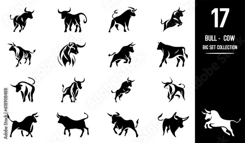 Bull and Cow set. Premium logo. Stylized silhouettes of bull and cow standing in different poses. Isolated on white background. Bull logo design set. Horned bull cow vector icon.