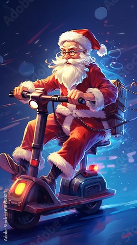 Santa Claus with gifts rides a scooter Generative AI