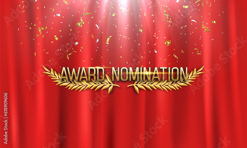 Award nomination with golden laurel wreath and confetti on red curtain background. Vector illustration.
