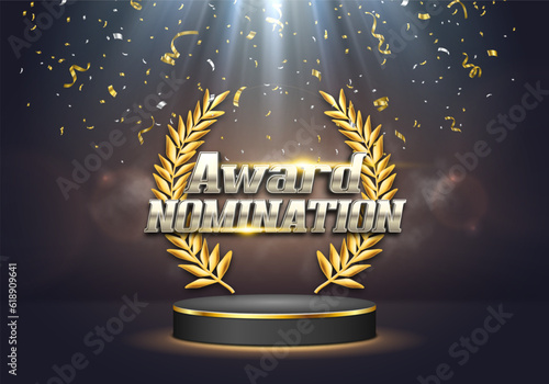Award nomination on podium with golden laurel wreath and falling confetti. Vector illustration.
