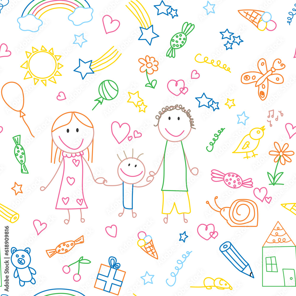 Seamless pattern of children's elements. Colorful funny doodle with kids drawings. Cartoon background