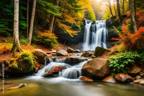 waterfall in autumn forest Generated by ai