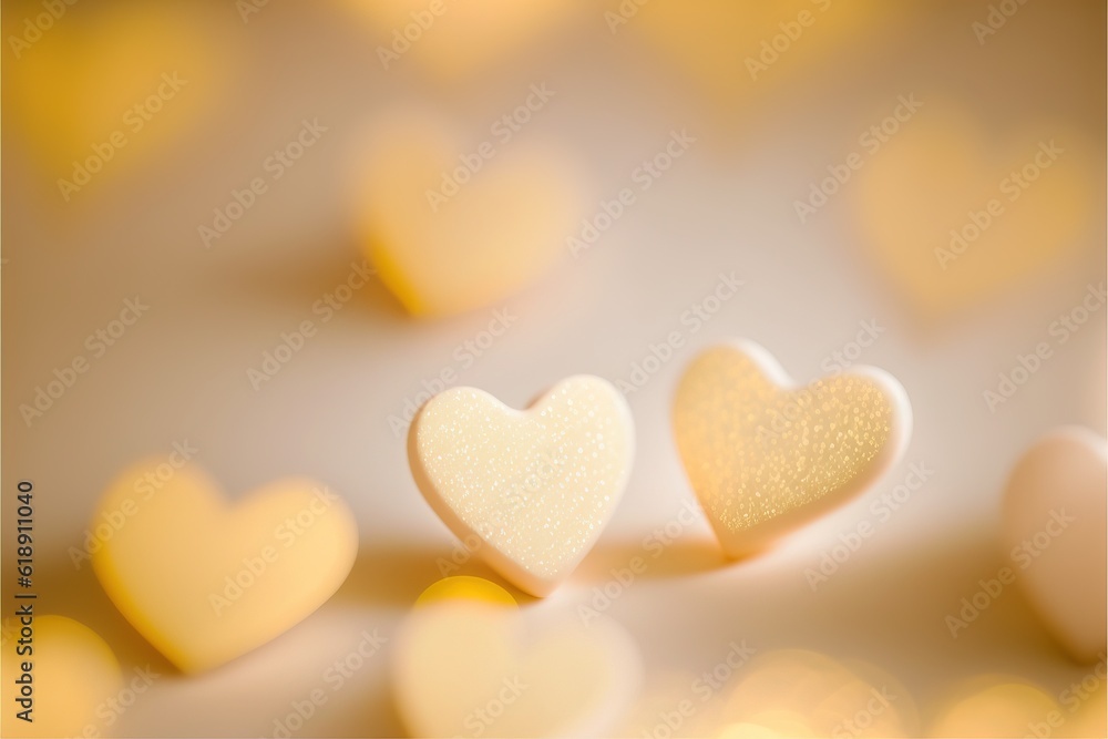 a couple of white hearts sitting on top of a table a white tablecloth covered in yellow glitters and white hearts on a white background with a few of small white circles of gold glitters and