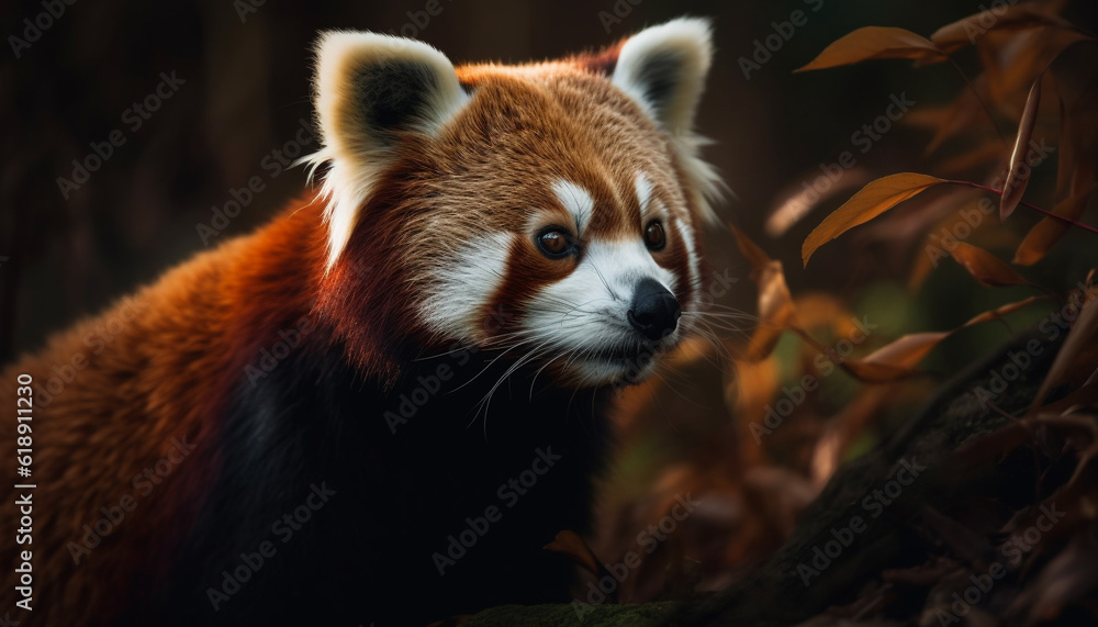 Fluffy red panda sitting on green branch generated by AI Fluffy red panda sitting on green branch generated by AI