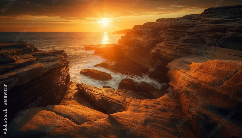 Majestic rock formation at waters edge, yellow sunset generated by AI