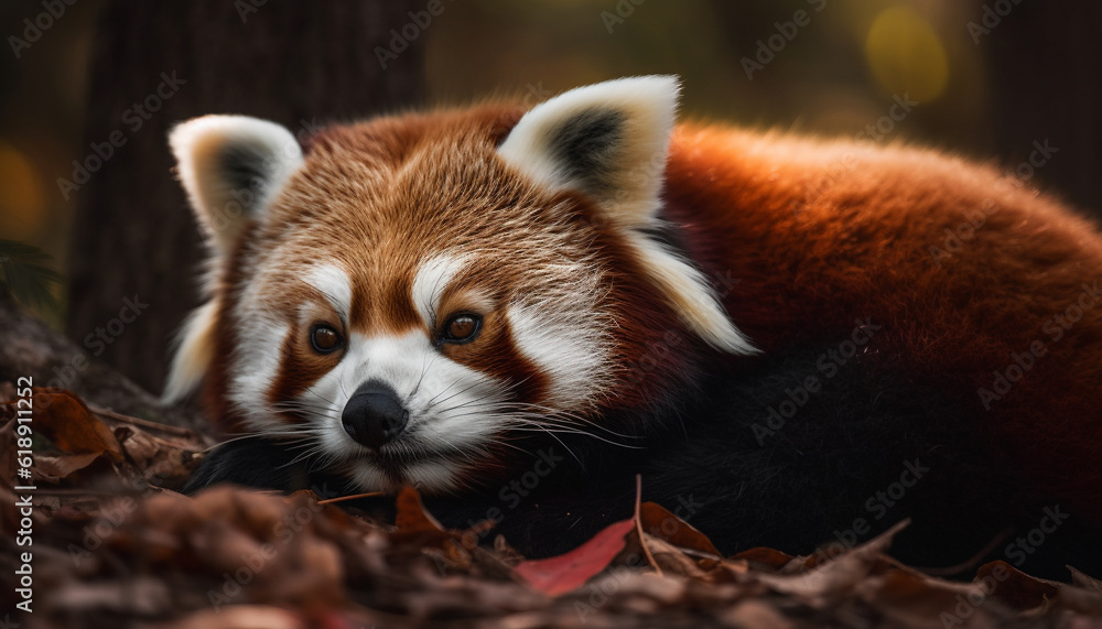 Obraz premium Fluffy red fox sitting in autumn grass generated by AI