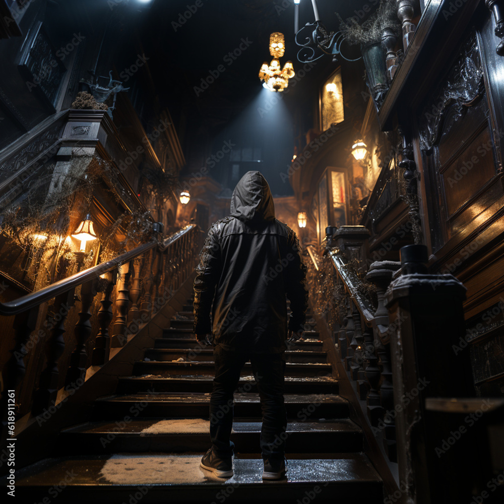 Silent Descent: A Glimpse into the Shadows as a Hooded Figure Ascends the Illuminated Staircase, Armed and Dangerous