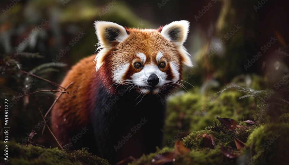 Cute red panda sitting on branch, playful generated by AI Cute red panda sitting on branch, playful generated by AI