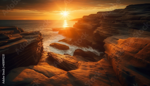 Majestic rock formation at waters edge, yellow sunset generated by AI © Jeronimo Ramos