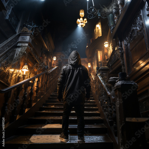 Silent Descent: A Glimpse into the Shadows as a Hooded Figure Ascends the Illuminated Staircase, Armed and Dangerous