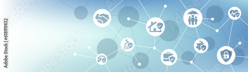 Insurance vector illustration. Blue banner with icons related to safety, security & protection, insurance policy to insure life, health, home, accident, car, etc, versicherung concept, risk management