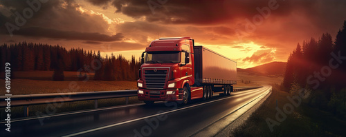 Truck on the hightway fraight transport company. generative ai © Michal