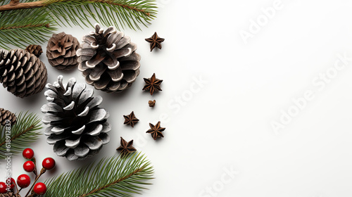 Christmas banner background, top view, wooden texture, pine tree branch