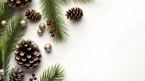 Christmas banner background, top view, wooden texture, pine tree branch