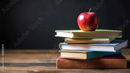 Close up of a stack of five school books with one single apple on top