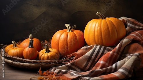 Close up of a beautiful pumpkin on a rustic porch in autumn
