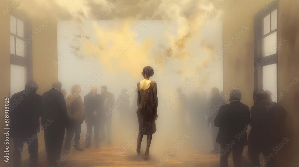 A group of human silhouettes inside a huge room in a colored fog. Ai generated