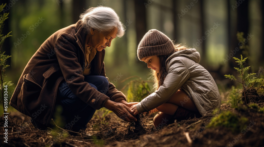 an old grandmother and a little girl are planting a tree at the edge of the forest,AI generated