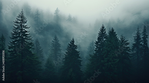 Fog covered trees in a forest with fog on top, forest background © reddish