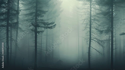 Fog covered trees in a forest with fog on top  forest background