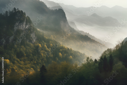 Fog covered trees in a forest with fog on top, forest background