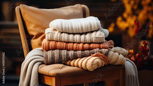 Chair with stacked fall wool sweaters on a wooden chair  © reddish