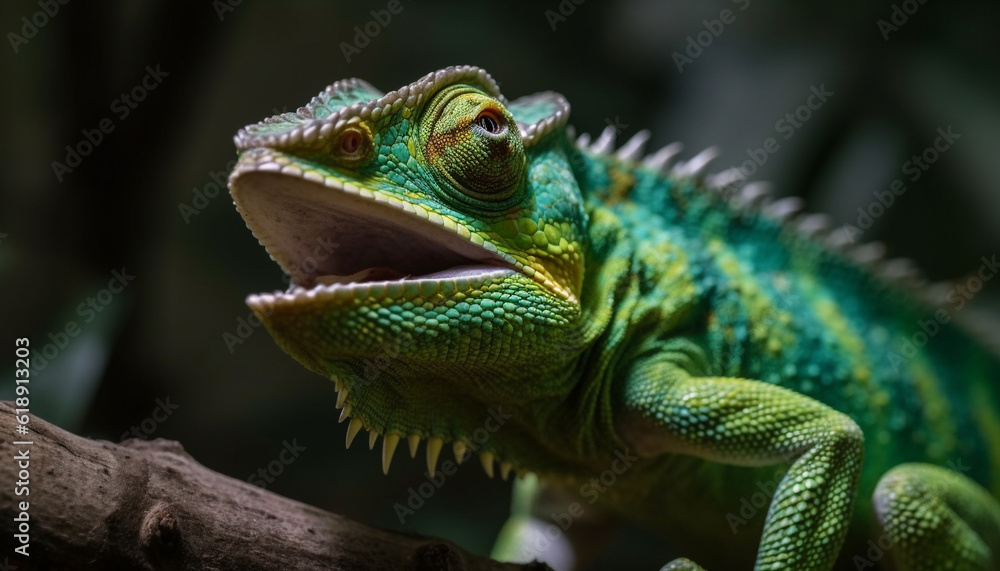 Obraz premium Gecko on branch, scales and eyes mesmerize generated by AI