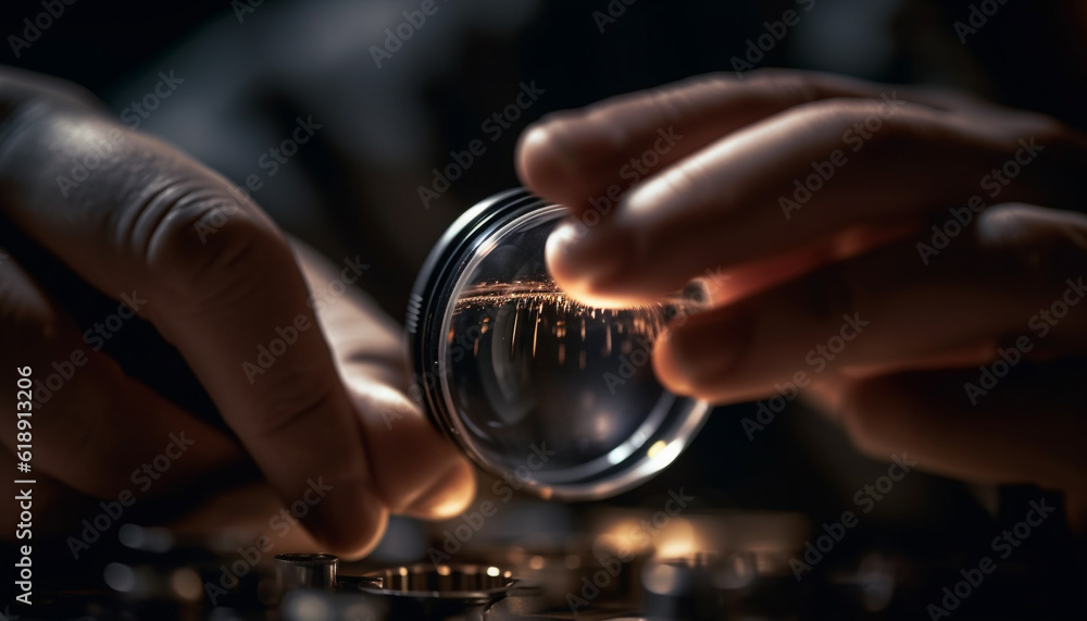 Caucasian scientist holding magnifying glass, examining material closely generated by AI