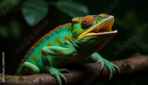 Multi colored gecko perched on green leaf generated by AI