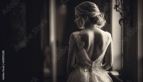 Elegant bride in monochrome dress exudes sensuality generated by AI