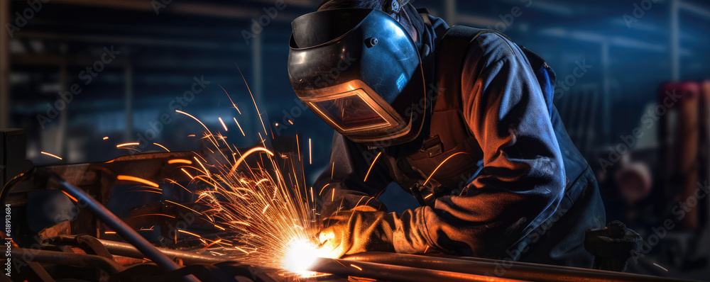Metal welder working with arc welding machine to weld steel at factory. generative ai