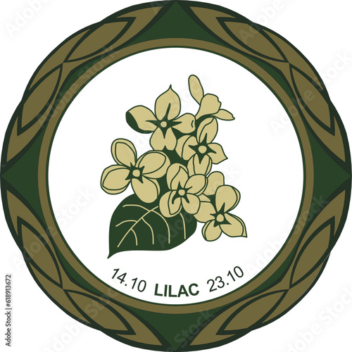 Celtic horoscope floral. Druid logo in a circle. Lilac flower: from 14 to 23 October. Astrological calendar. Botanical drawing common lilac