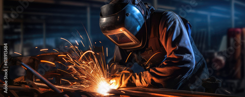 Metal welder working with arc welding machine to weld steel at factory. generative ai © Michal