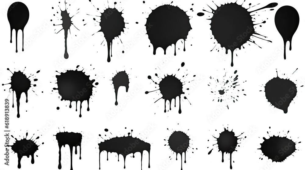 Ink drops and splashes. Blotter spots liquid paint drip set of ink blots - obrazy, fototapety, plakaty 