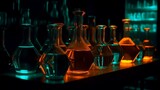 Neon, contrast flasks on the table in laboratory. luminophore. Generative AI	
